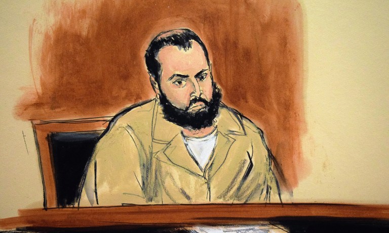 In this artist's drawing, Ahmad Khan Rahimi appears in a New York courtroom to face federal terrorism charges, Thursday, Nov. 10. (AP Photo/Elizabeth Williams)