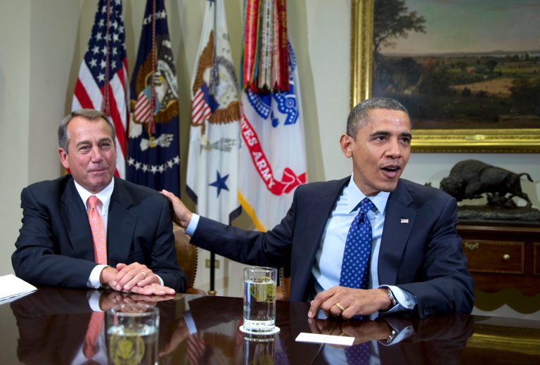  FILE - In this Nov. 16, 2012, file photo, President Barack Obama acknowledges House Speaker John Boehner of Ohio while speaking to reporters in the Roosevelt Room of the White House in Washington, as he hosted a meeting of the bipartisan, bicameral leadership of Congress to discuss the deficit and economy. The 63-year-old speaker has been caught up ever since in a monumental struggle over taxes and spending aimed at keeping the country from taking a yearend dive over the 
