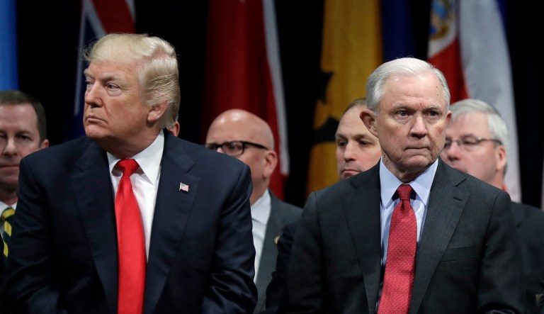 President Trump and Attorney General Jeff Sessions visited the FBI National Academy graduation ceremony together on Friday. (AP Photo/Evan Vucci)