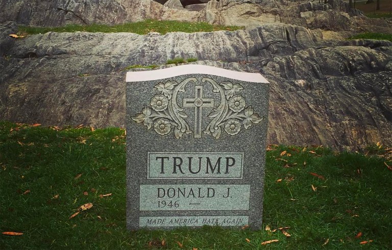 The large, granite tombstone with Donald Trump's name on it was reportedly found near the Tavern on the Green. (Photo courtesy: Sachin RB via Instagram)