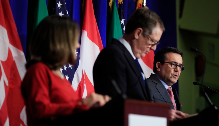 Mexico's Secretary of Economy Ildefonso Guajardo Villarreal, right, with Canadian Minister of Foreign Affairs Chrystia Freeland, left, and United States Trade Representative Robert Lighthizer, center, speaks during the conclusion of the fourth round of negotiations for a new North American Free Trade Agreement (NAFTA) in Washington, Tuesday, Oct. 17, 2017. (AP Photo/Manuel Balce Ceneta)