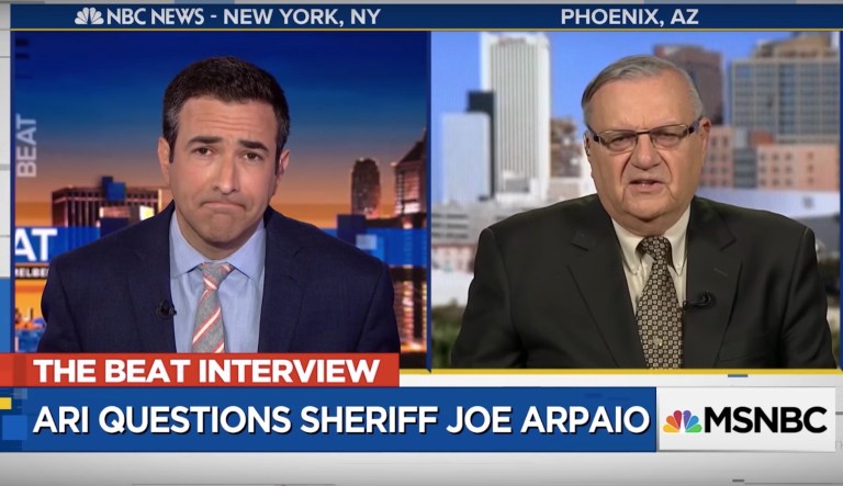 Former Maricopa County Sheriff Joe Arpaio, running for Senate in Arizona, was speaking with MSNBC host Ari Melber Friday when it appeared he learned live on air that his presidential pardon was an acceptance of guilt. (screenshot)