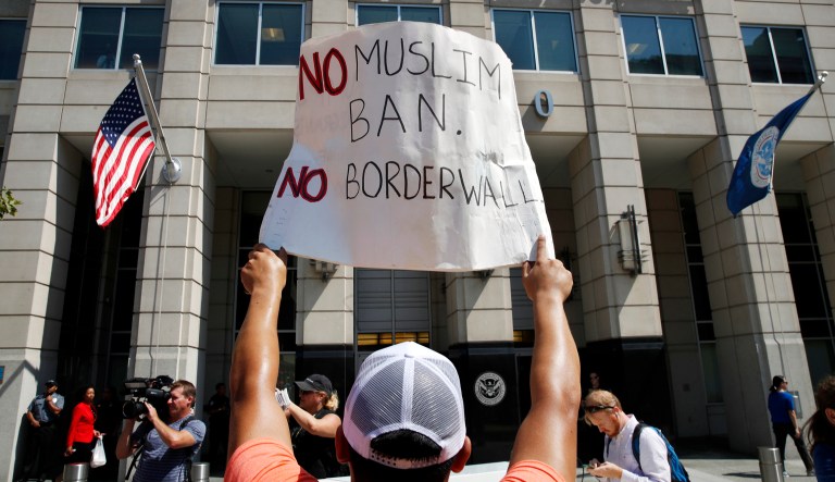 Officials from previous Democratic and Republican administrations, including Madeleine Albright and Chuck Hagel, ask the Supreme Court to reject the ban. (AP Photo/Jacquelyn Martin)