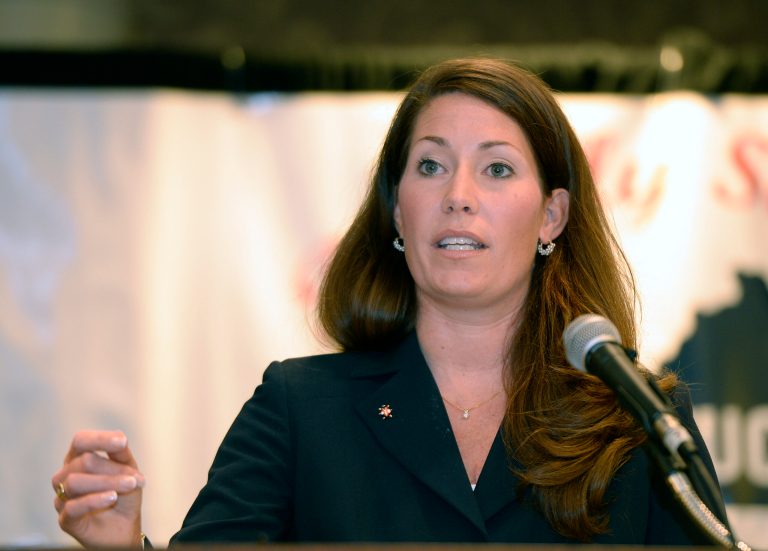 Kentucky Secretary of State and Democratic candidate for U.S. Senate Alison Lundergan Grimes addresses the Kentucky County Judge Executive Association and the Kentucky Magistrates and Commissioners Association Joint Convention on July 18 in Louisville, Ky. Grimes is running against Mitch McConnell, R-Ky. (AP Photo/Timothy D. Easley)