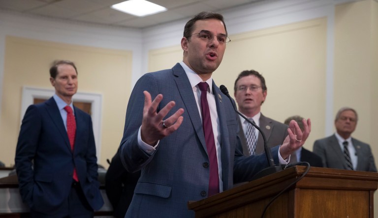 On Thursday, members are expected to vote on reauthorizing Section 702 of the Foreign Intelligence Surveillance Act, as well as an amendment by Rep. Justin Amash, R-Mich. (pictured center), and Rep. Zoe Lofgren, D-Calif., that would strictly limit the way intelligence officials can collect communications involving Americans. (AP Photo/J. Scott Applewhite)