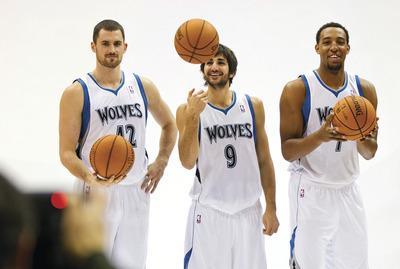 Andy King/AP
A young Timberwolves squad will feature Kevin Love, left, Ricky Rubio and Derrick Williams.