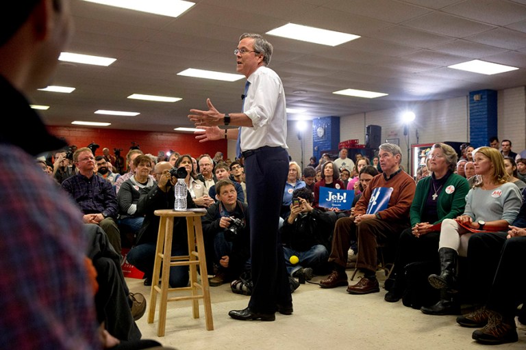 Throughout his two events on the day, Jeb Bush made various jabs at Marco Rubio after his underwhelming debate performance Saturday night. (AP Photo/Jacquelyn Martin)
