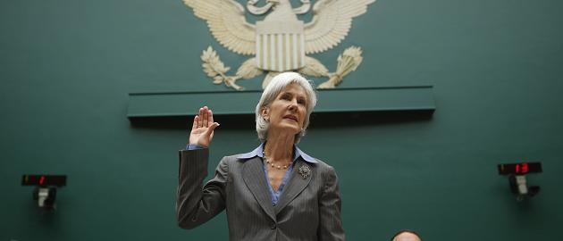 U.S. Secretary of Health and Human Services Kathleen Sebelius is sworn in to testify before a House Energy and Commerce Committee hearing about issues and complications with the Affordable Care Act enrollment website, on Capitol Hill in Washington, October 30, 2013. Sebelius on Wednesday apologized to Americans for the flawed launch of the federal government's healthcare insurance website. REUTERS/Jason Reed   (UNITED STATES - Tags: POLITICS HEALTH) - RTX14TU0