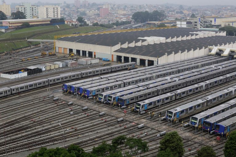 Metro trains sit parked on the second day of a strike by the operators in Sao Paulo, Brazil, Friday, June 6, 2014. Overland commuter train operators went on strike Thursday, stranding the millions of people who use Sao Paulo's public transport systems. (AP Photo/Nelson Antoine)