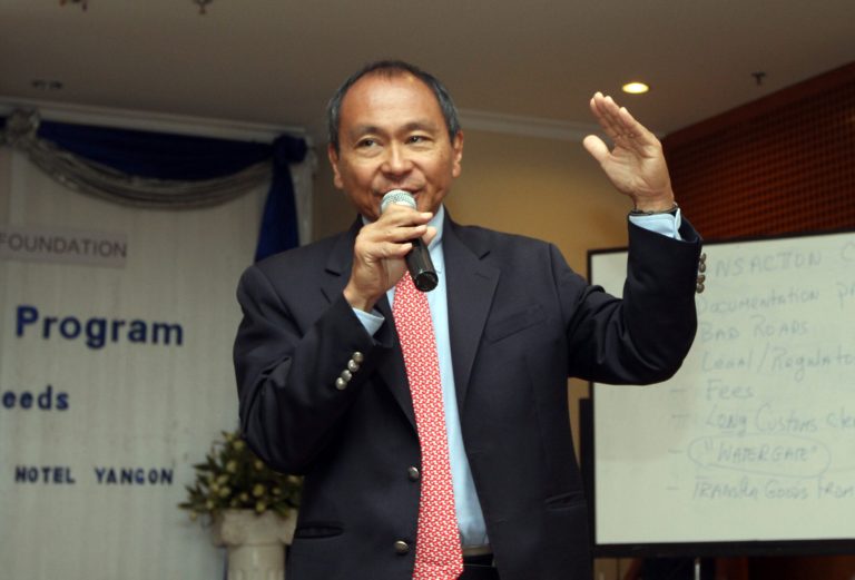 Francis Fukuyama, an American political scientist, political economist and author, speaks at the Leadership Academy for Development Program, organized by the School of Advanced International Studies of the Johns Hopkins University, in Yangon, Myanmar, Aug. 23, 2012. (AP Photo/Khin Maung Win)