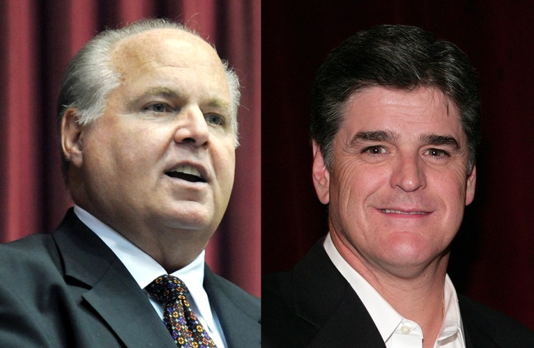 Limbaugh (left) and Hannity have dismissed reporter Michelle Fields' claim that Donald Trump's campaign manager assaulted her, but they were outraged in 2010 when a male reporter said a Democratic aide did the same to him. (AP Photo/Julie Smith)