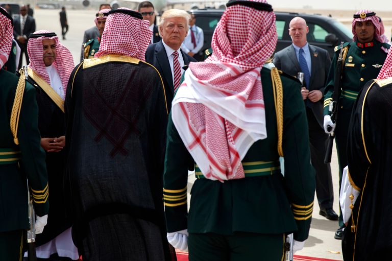 U.S. President Donald Trump boards Air Force One for Israel, the next stop in Trump's international tour, at King Khalid International Airport, Monday, May 22, 2017, in Riyadh. (AP Photo/Evan Vucci)