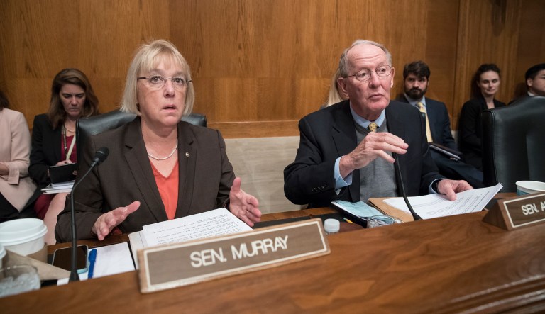Sen. Patty Murray, D-Wash., the ranking member, and Sen. Lamar Alexander, R-Tenn., chairman of the Senate Health, Education, Labor, and Pensions Committee, meet before the start of a hearing on Capitol Hill in Washington, Wednesday, Oct. 18, 2017. (AP Photo/J. Scott Applewhite)