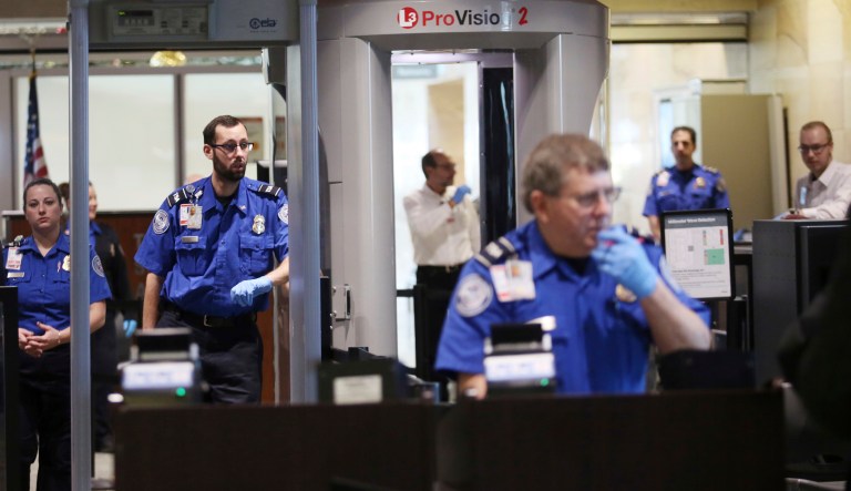 A Transportation Security Administration officials seized a record-high 3,957 guns at airports in 2017. Of the nearly 4,000 firearms found on travelers, 3,324 or 84 percent were loaded with ammunition, and 1,378 of those had a round chambered, according to new data. (Jake Danna Stevens/The Times & Tribune via AP)