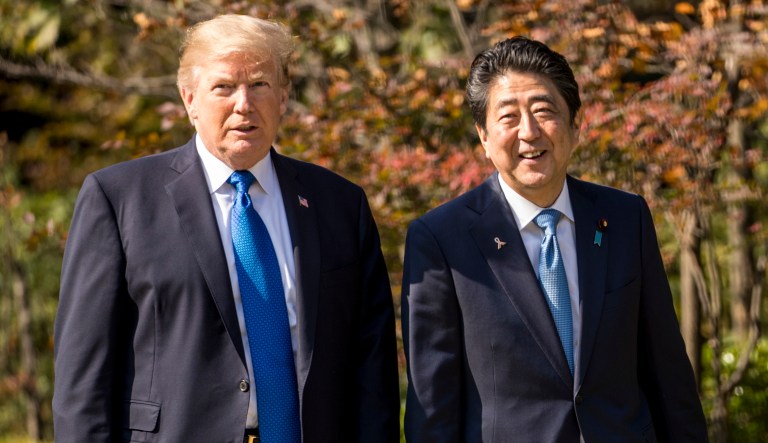 President Trump and Japanese Prime Minister Shinzo Abe played golf at Kasumigaseki Country Club in Japan. Trump is on a five-country trip through Asia. (AP Photo/Andrew Harnik)