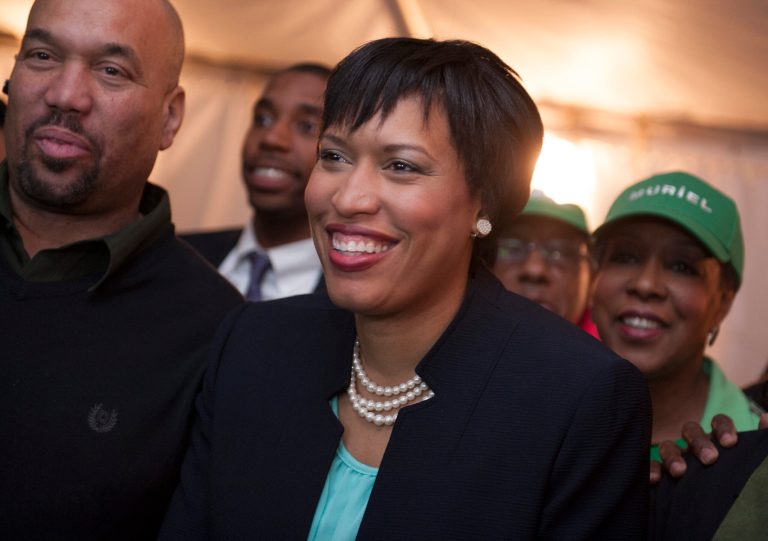 D.C. mayoral candidate and council member Muriel Bowser watches returns at her election night watch party in Washington, Tuesday, April 1, 2014. Bowser is the top challenger to Mayor Vincent Gray. (AP Photo/Cliff Owen)