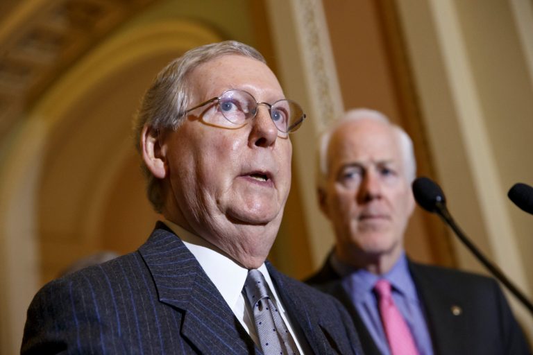 Senate Majority Leader Mitch McConnell of Ky., left, joined by Senate Majority Whip John Cornyn of Texas, speaks with reporters on Capitol Hill in Washington. (AP/J. Scott Applewhite)