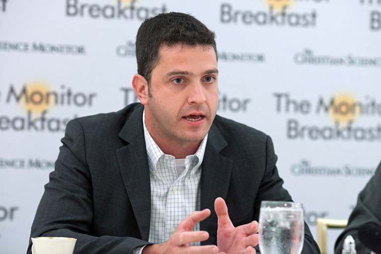 Michael Needham, CEO of Heritage Action for America, spoke about killing Obamacare during a Christian Science Monitor media breakfast Wednesday. Michael Bonfigli/The Christian Science Monitor