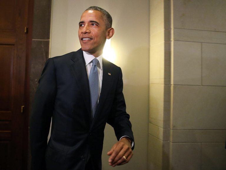 WASHINGTON, DC - JUNE 12: US President Barack Obama President Obama departs from a meeting with House Democrats on Capitol Hill June 12, 2015 in Washington, DC. President Obama urged members of Congress to pass his trade agenda ahead of a series of votes later today. Â (Photo by Mark Wilson/Getty Images)