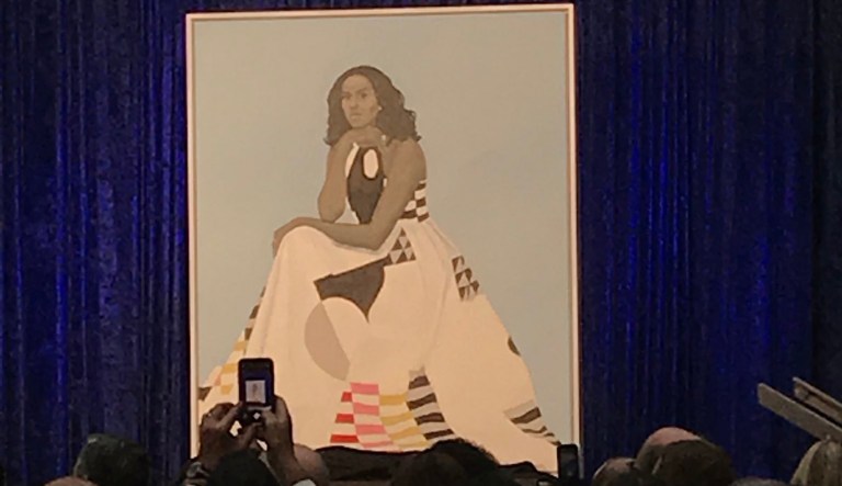 Former first lady Michelle Obama's painting was done by Amy Sherald, a Baltimore-based artist who won the Gallery's 2016 Outwin Boochever Portrait Competition. (Caitlin Yilek/Washington Examiner)