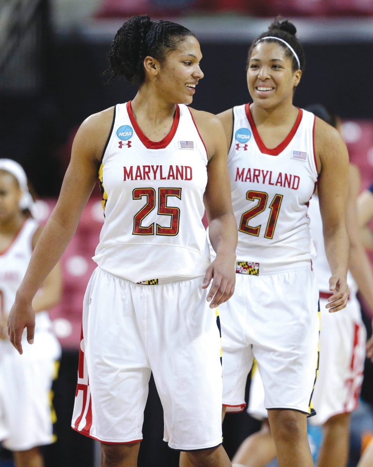 Patrick Semansky/AP
Alyssa Thomas, left, and Tianna Hawkins combined for 52 points and 29 rebounds in Maryland's victory over Quinnipiac.