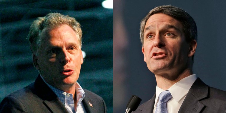 AP file photosDemocrat Terry McAuliffe, left, and Republican Ken Cuccinelli fielded questions from business leaders during a Northern Virginia Technology Council forum.