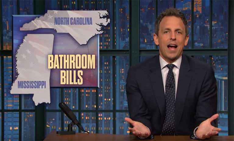 Late night host Seth Myers is hardly alone in making the comparison between the bathroom laws and racial segregation. (Screen shot)