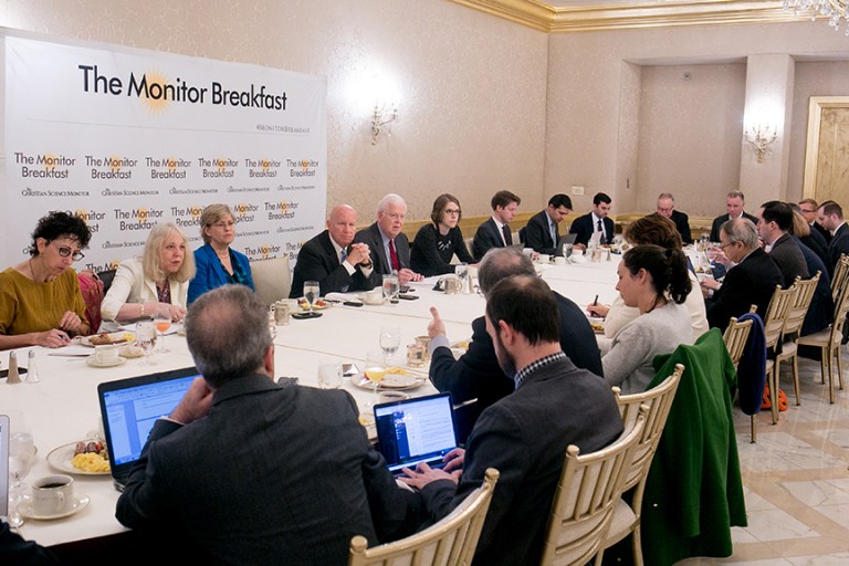Ways and Means Committee Rep. Kevin Brady, center left, discusses tax reform at a Christian Science Monitor media roundtable. Michael Bonfigli/The Christian Science Monitor