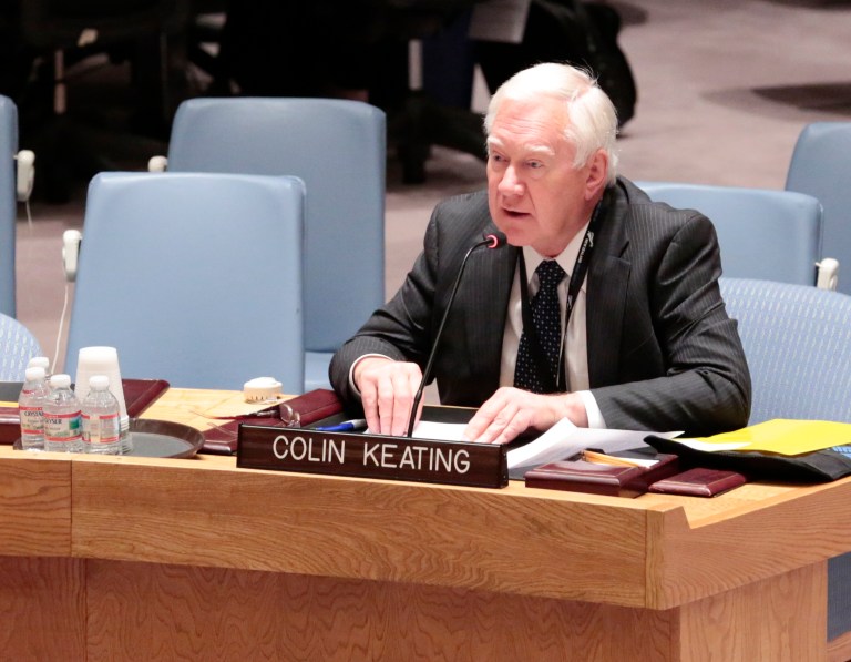 In this photo provided by the United Nations, former New Zealand ambassador Colin Keating addresses an open session of the United Nations Security Council at United Nations Headquarters, Wednesday, April 16, 2014. Keating, who was president of the Security Council in April 1994, apologized Wednesday for the council's refusal to recognize that genocide was taking place in Rwanda and for doing nothing to halt the slaughter of more than one million people. (AP Photo/United Nations, Evan Schneider)