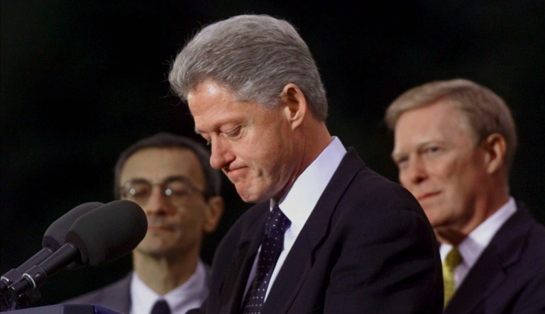 Democrats came to the White House after the historic impeachment vote in 1998 as a show of support for former President Bill Clinton. (AP Photo/J. Scott Applewhite)