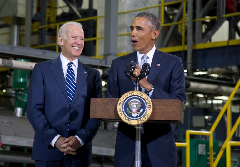 President Obama, joined by Vice President Joe Biden, speaks at Techmer PM, a plastic fabrication company, Friday, Jan. 9, 2015, in Clinton, Tenn., about the administration's efforts to create new, good paying manufacturing jobs. (AP Photo/Carolyn Kaster)