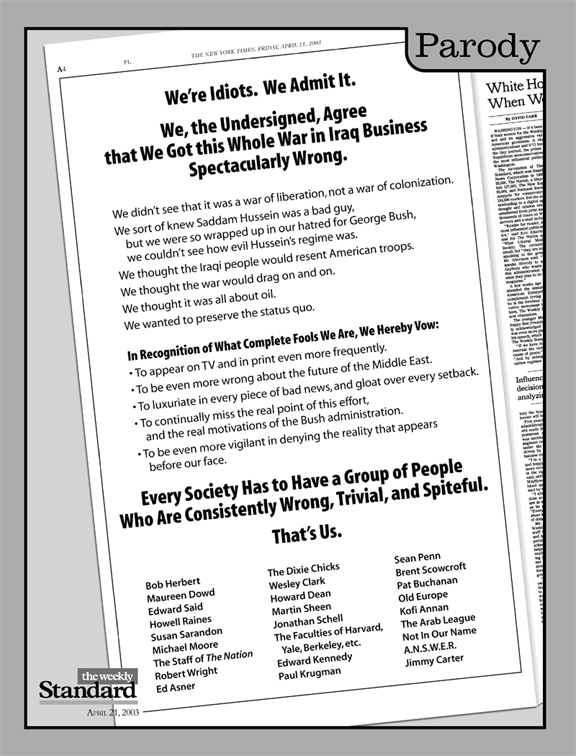 Prominent citizens completely wrong about the war take out an ad in the New York Times.