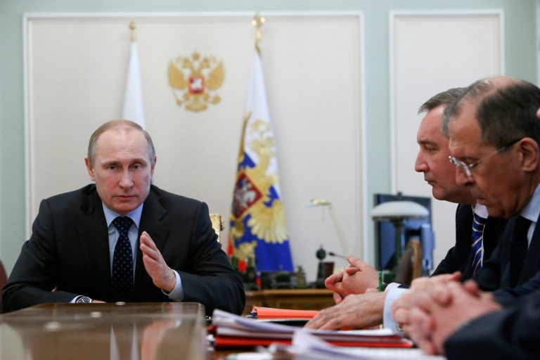 Russian President Vladimir Putin speaks at a Cabinet meeting in the Novo-Ogaryovo residence outside Moscow, Wednesday, April 9, 2014. President Vladimir Putin has threatened that Russia's state-owned gas company could ask Ukraine to pay for gas in advance, according to Russian state news agencies. In a meeting Wednesday with government ministers, Putin said that asking for advance payments 