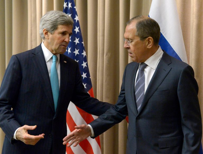U.S. Secretary of State John Kerry, left, shakes hands with Russian Foreign Minister Sergey Lavrov before a bilateral meeting to discuss the ongoing situation in Ukraine as diplomats from the U.S., Ukraine, Russia and the European Union gather for discussions in Geneva Thursday, April 17, 2014.  Ukraine is hoping to placate Russia and calm hostilities with its neighbor even as the U.S. prepares a new round of sanctions to punish Moscow for what it regards as fomenting unrest. (AP Photo)