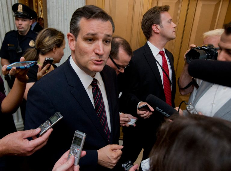 Sen. Ted Cruz, R-Texas, speaks to reporters following a rare Sunday Senate session on Capitol Hill in Washington, Sunday, July 26, 2015. (AP Photo/Manuel Balce Ceneta)