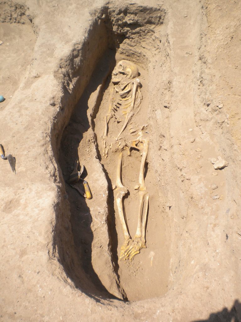 In this image made available from Oriental Institute of the University of Chicago, on Thursday June 19, 2014 shows a skeleton in a grave in northern Syria in 2010. In a skeleton more than 6,200 years old, scientists have found the earliest known evidence of infection with a parasitic worm that now afflicts more than 200 million people worldwide. Archaeologists discovered a parasite egg near the pelvis of a child skeleton in northern Syria and say it dates back to a time when ancient societies first used irrigation systems to grow crops. (AP Photo/Gil Stein, Oriental Institute of the University of Chicago)