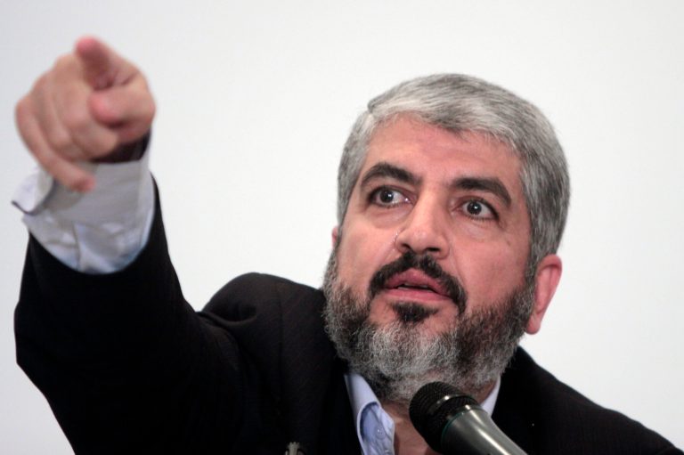 FILE - In this Monday, Sept. 28, 2009, file photo, Khaled Meshaal, head of Hamas Politburo in Damascus, talks during a news conference following his talks with Egyptian officials in Cairo. Hamas leader Meshaal said in an interview broadcast Monday, July 28, 2014, that he believes the world hasn't taken an even-handed view of the Israeli-Palestinian conflict. (AP Photo/Amr Nabil, File)