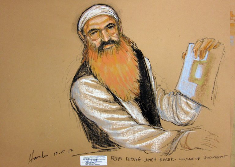 Khalid Sheikh Mohammed in a courtroom sketch at the Guantanamo Bay U.S. Naval Base in Cuba in October. (AP/Janet Hamlin)