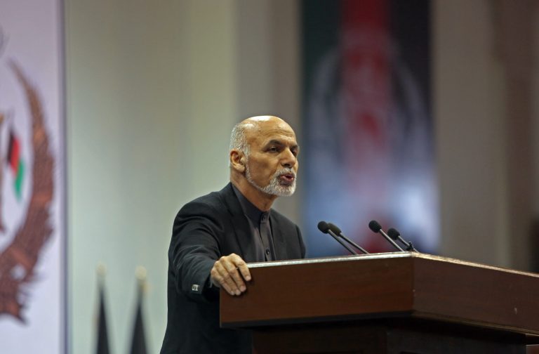 Afghan President Ashraf Ghani speaks during a ceremony marking the first anniversary of the death of former Afghan Vice President Marshal Mohammed Qasim Fahim, in Kabul, Afghanistan, Monday, March, 9, 2015. (AP Photo/Rahmat Gul)