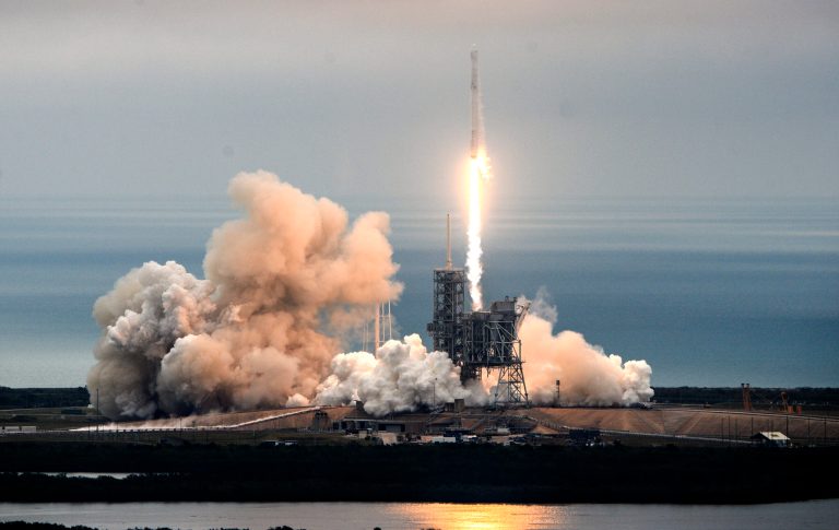 The SpaceX Falcon rocket launches from the Kennedy Space Center in Florida on Feb. 19 carrying a load of supplies for the International Space Station. (Craig Bailey/Florida Today via AP)