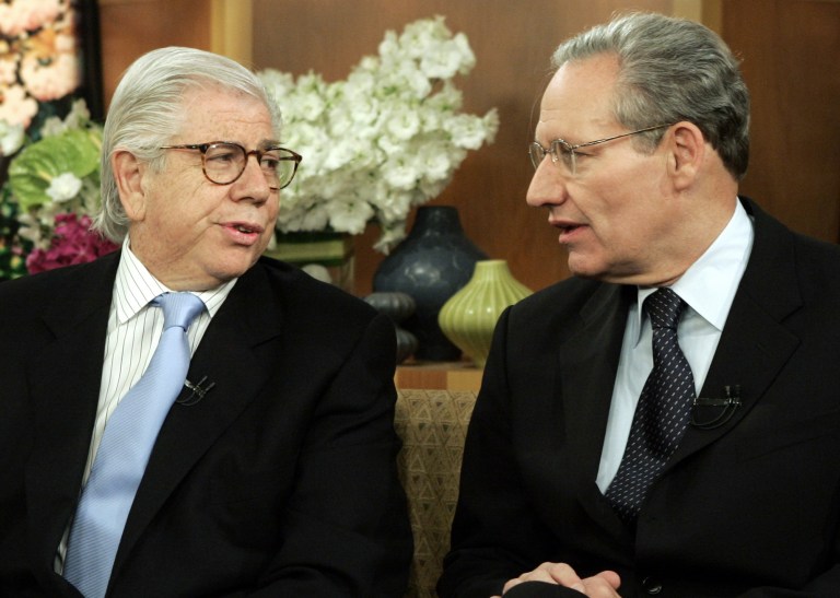 Watergate reporters Carl Bernstein, left, and Bob Woodward talk on the set before their appearance on the NBC-TV 