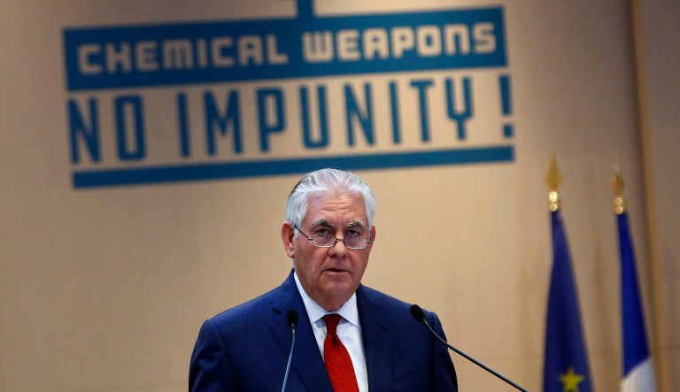 Secretary of State Rex Tillerson in Paris on Jan. 23 detailed how the U.S. and 28 other countries are launching a new plan to better identify and punish anyone who uses chemical weapons, amid new reports of a suspected chemical attack in Syria. (AP Photo/Thibault Camus)