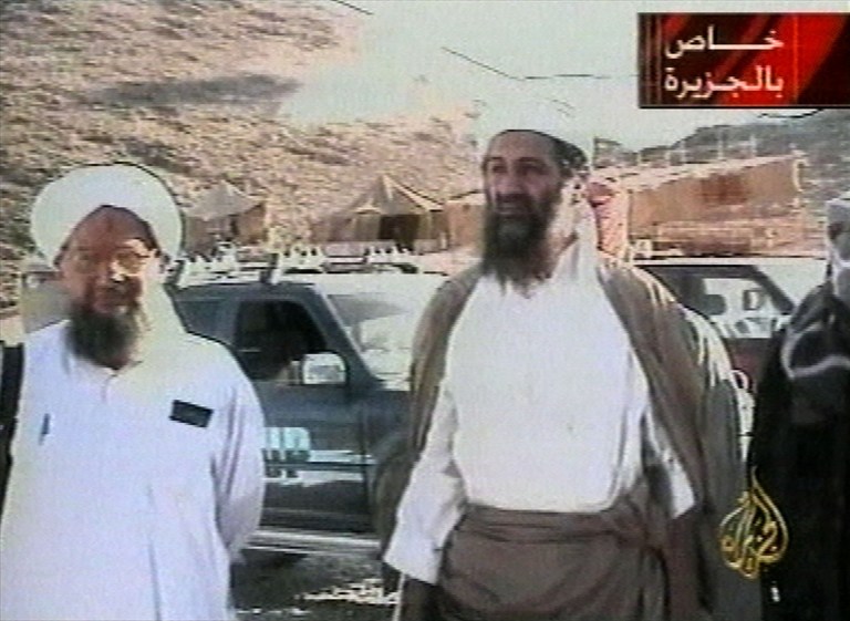 This image taken from video released by Qatar's Al-Jazeera television broadcast on Oct. 5, 2001, is said to show Osama bin Laden and his then top lieutenant, Ayman al-Zawahri, an Egyptian doctor turned terrorist, who has been driven underground by a relentless U.S. campaign to capture or kill him. He's believed to be hiding out in Pakistan, and has been largely sidelined as the Islamic State in Iraq and Syria has eclipsed al Qaeda as the preeminent terrorist threat to West. (AP Photo/Courtesy of Al-Jazeera via APTN)