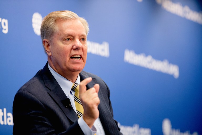 Republican presidential candidate Sen. Lindsey Graham, R-S.C., speaks during the Atlantic Council's series 