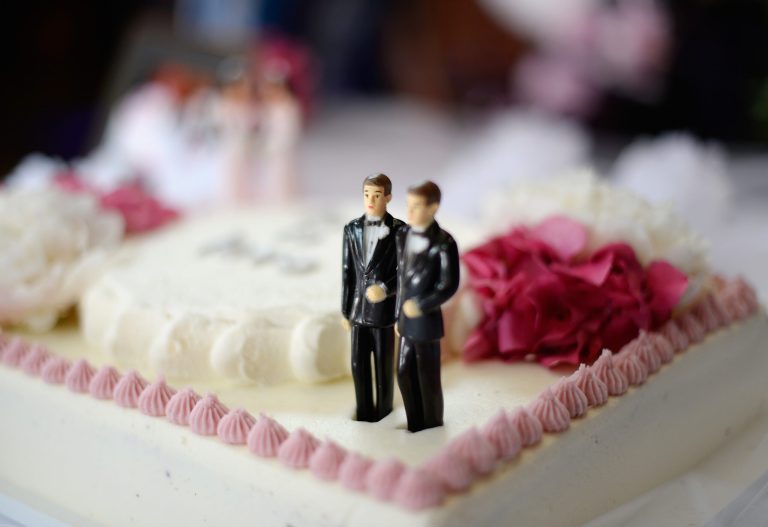 A wedding cake for same-sex couples at a wedding celebration at The Abbey on July 1, 2013 in West Hollywood, California. (Photo by Kevork Djansezian/Getty Images)
