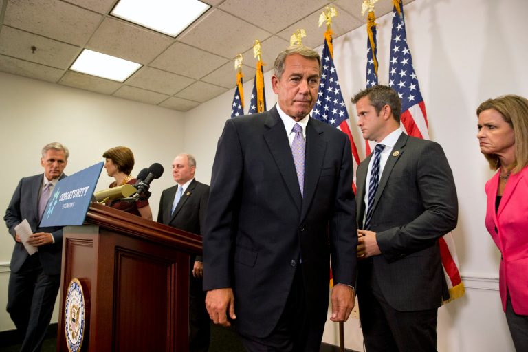 John Boehner leaves the podium after speaking about his opposition to the Iran deal at a news conference with members of the House Republican leadership in Washington, Wednesday Sept. 9, 2015. (AP Photo)Â 