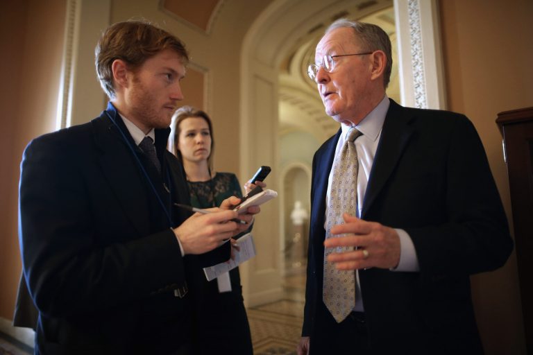 Sen. Lamar Alexander, R-Tenn., talks with reporters before heading into the weekly GOP policy luncheon at the U.S. Captiol on Feb. 3, 2015 in Washington. (Photo by Chip Somodevilla/Getty Images)
