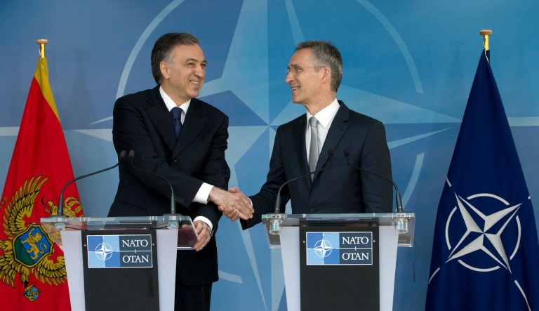 President of Montenegro Filip Vujanovic and NATO Secretary General Jens Stoltenberg during a ceremony to mark the accession of Montenegro at NATO Headquarters. Ninety-seven senators voted in March to add Montenegro to NATO. (AP Photo/Virginia Mayo)