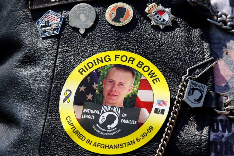 The Image of Army Sgt. Bowe Bergdahl of Hailey, Idaho, who is being held captive in Afghanistan, is worn by a supporter. (AP/Charles Dharapak)
