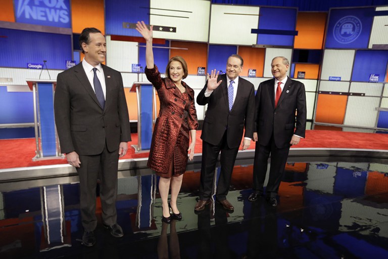 Fiorina repeatedly let loose with acerbic one-liners about Democratic front-runner Hillary Clinton. (AP photo/Chris Carlson)